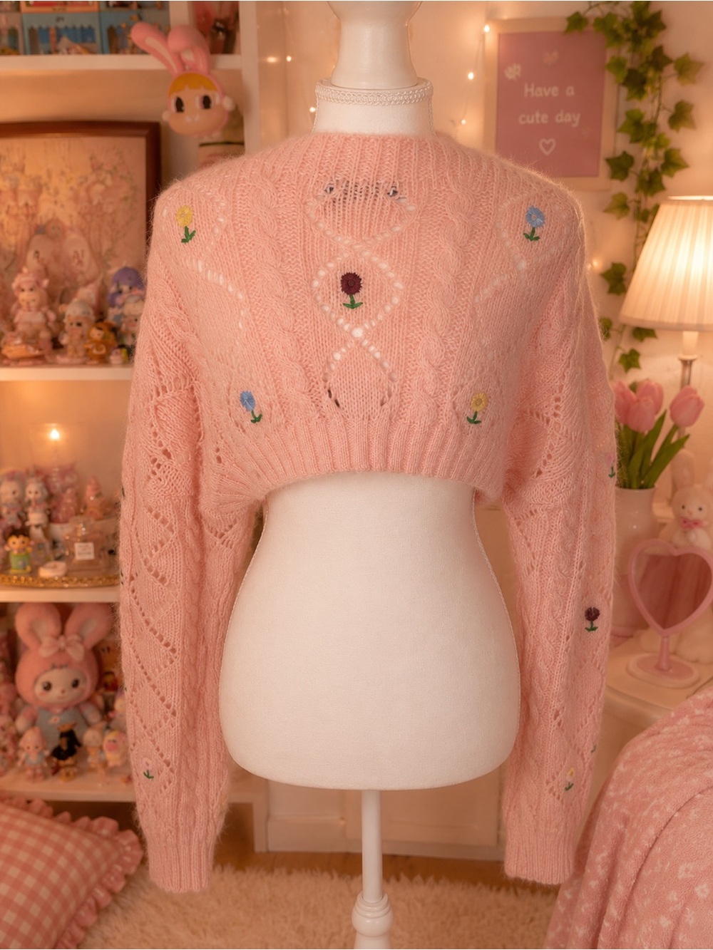ZARA Pink Floral Knit Cropped Cardigan Open Front Size M NWT